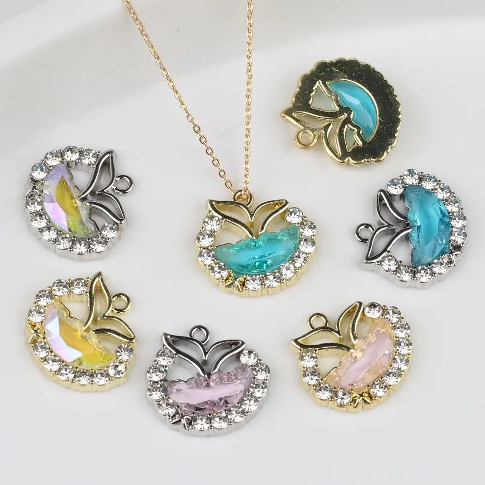 6pcs/lot 16*17MM Zinc Alloy Resin Rhinestone Inlaid Fishtail Round Pendant Charms DIY Necklace Bracelet Earrings Accessorie