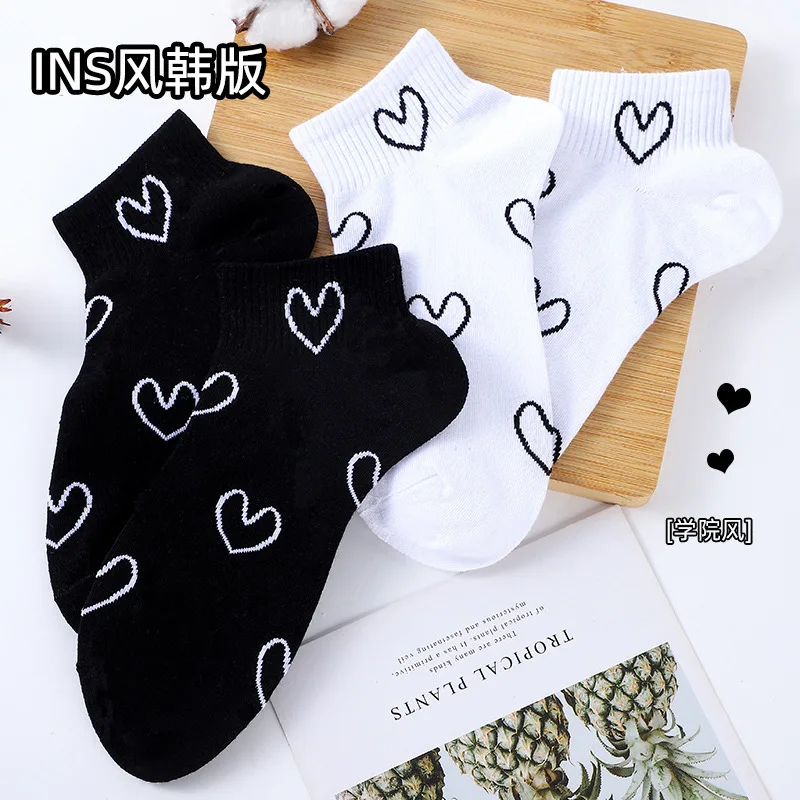 Fashion Socks Women Spring Summer Cotton Color Novelty Girls Cute Love Heart Print White Black Casual Funny Short Ankle Socks