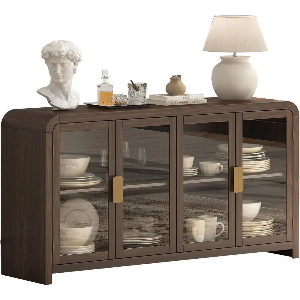 60 Bohemian Style Sideboard with Adjustable Shelves and Glass Doors for Living, Hallway, and Kitchen Storage