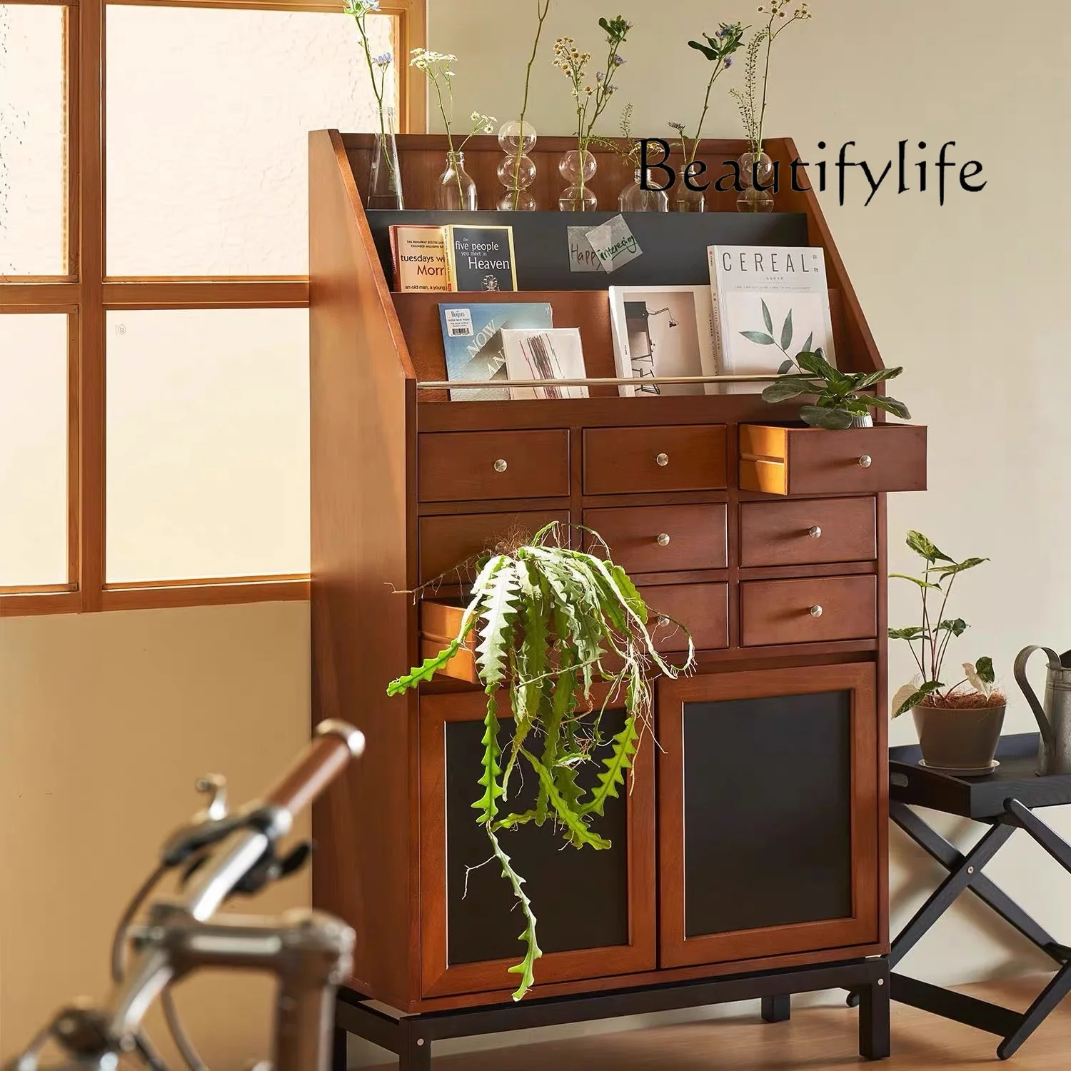 

Medieval solid wood edge cabinet French retro living room decoration cabinet Magazine book storage cabinet Multifunctional desig