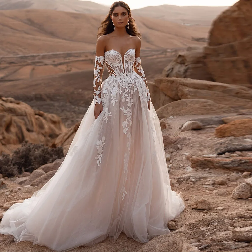 

Customized A-Line Sweetheart Bridal Gown Elegant Sleeveless Tulle Robe de marié Dreamy Applique Wedding Dresses For Woman Bride
