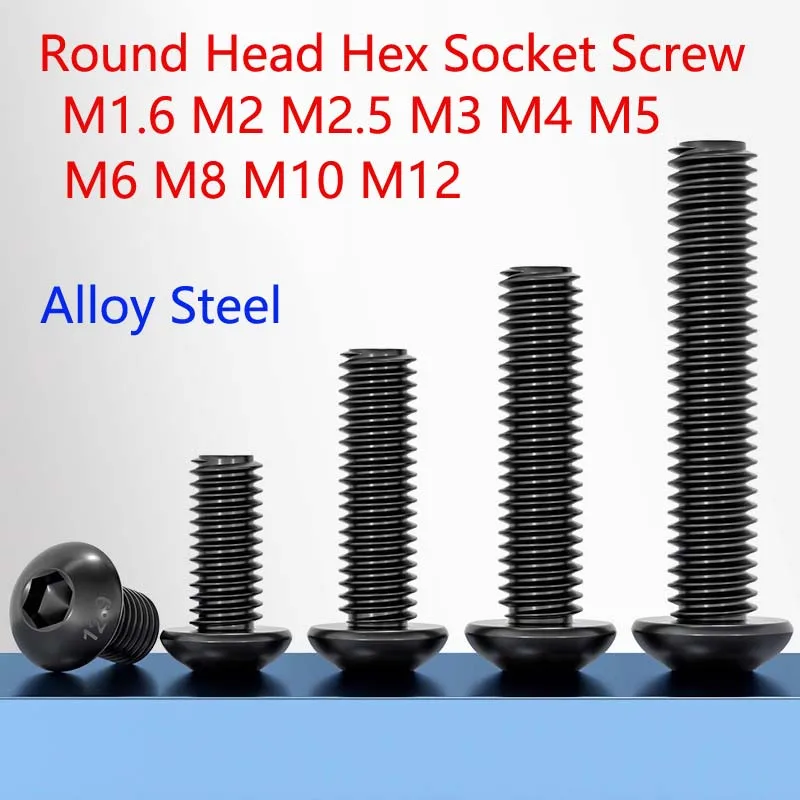Grade10.9 High-Strength Black Oxide-Coated Round Head Hex Socket Screw Round Head Screw Bolt M1.6 M2 M2.5 M3 M4 M5 M6 M8 M10 M12