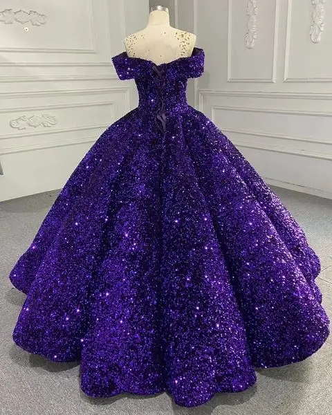 Gaun Gelinlik Modelleri Quinceanera Ungu 2023 Manik-manik Gillter Berkilau Korset Berenda Princess Vestidos De 15 Años