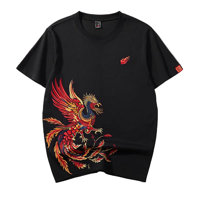 Chinese Style Phoenix Embroidery T-Shirt Men's Loose Elastic Summer Street round Neck Versatile Casual Fashion Clothes