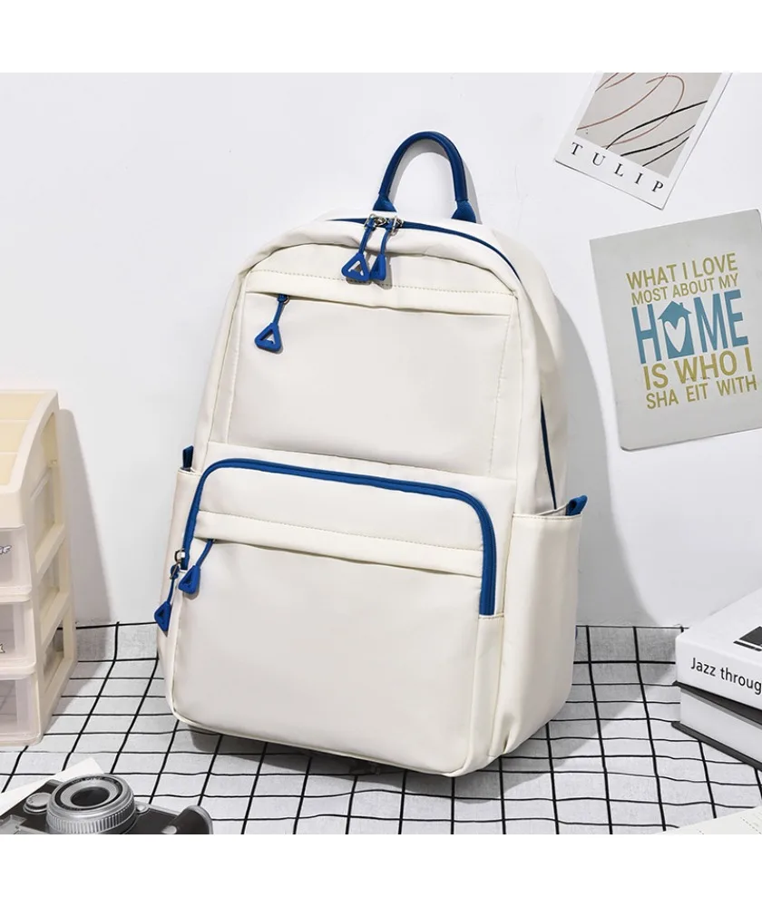 White and blue casual student backpack lightweight design multi zippered pockets water resistant fabric for daily school use