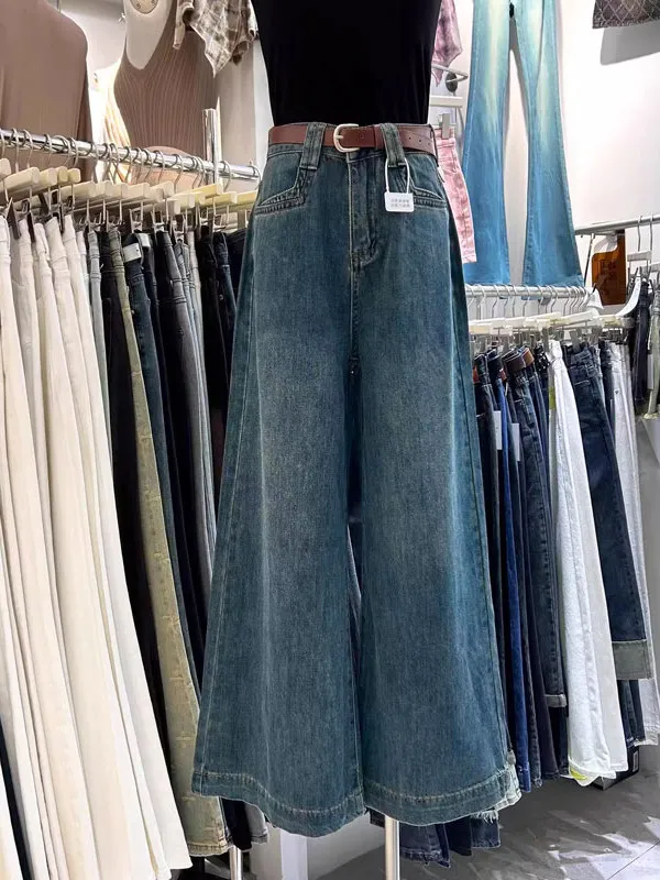 

Широкие брюки с высокой талией, свободный крой, прямые джинсы, женские универсальные длинные брюки в стиле груши в стиле ретро, длина в пол