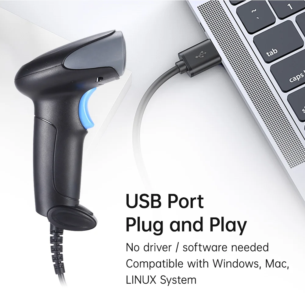 Lettore di codici a barre cablato per scanner di codici a barre laser 1D con cicalino e indicazione LED Porta USB con trigger manuale/automatico per supermercato