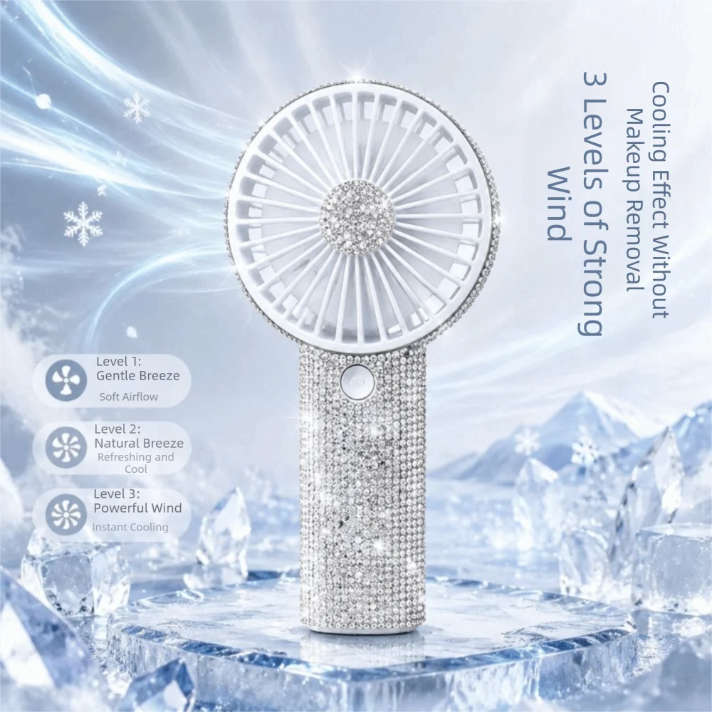 Small Size Mini Portable Fan Cute Design Sparkling Imitation Diamonds Handheld Personal Fan Diamond Pattern Long-Lasting Battery
