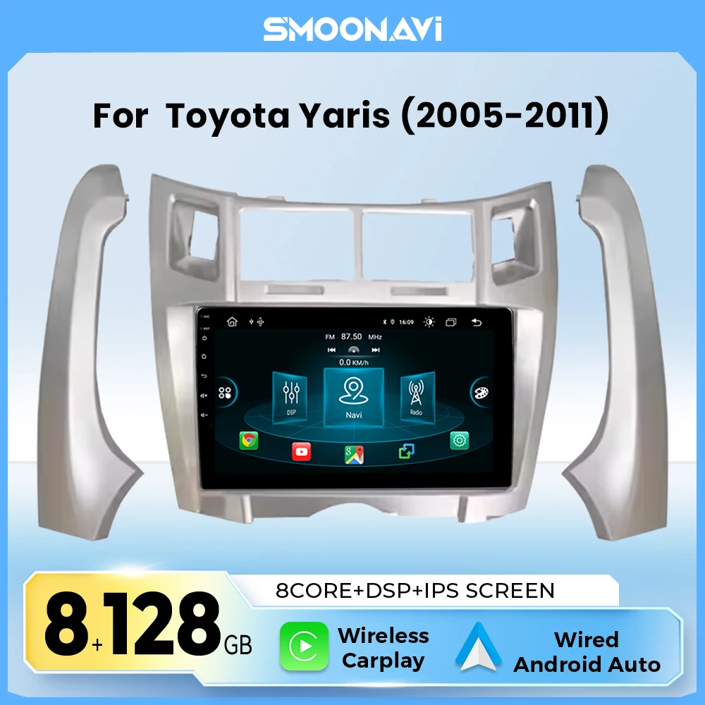 Autoradio Android 14 per Toyota Yaris 2005-2011, schermo touch 1280*720, CarPlay wireless, Android Auto, 4G, Wi-Fi, GPS, DSP, multimediale