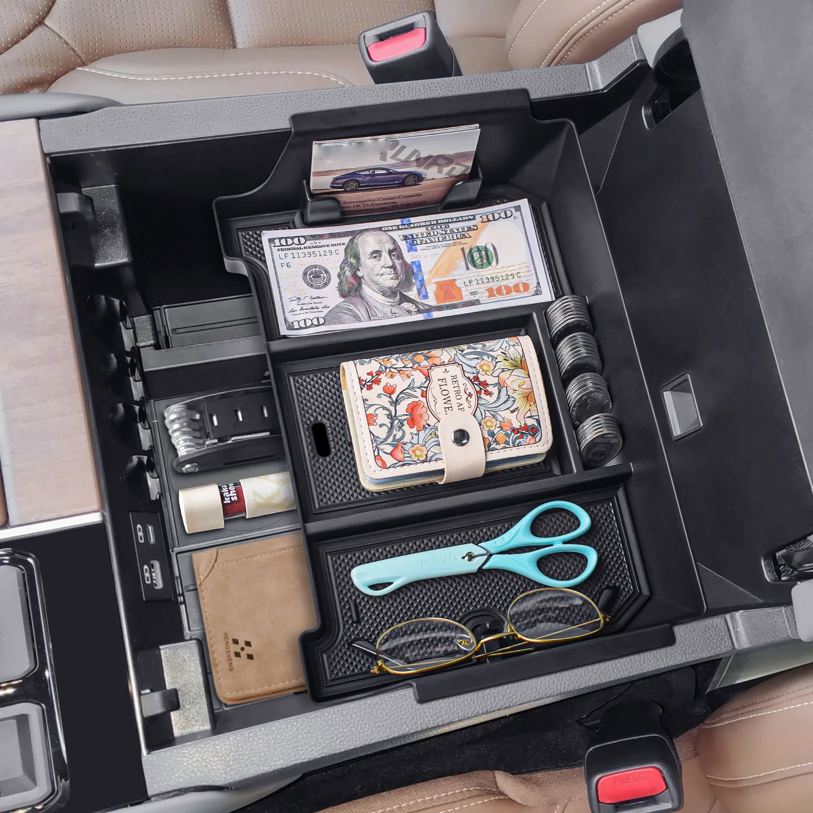 

Center Console Organizer Tray for Toyota Tundra 2022 2023 2024 2025 Phone Holder Interior Car Armrest Storage Box Accessories