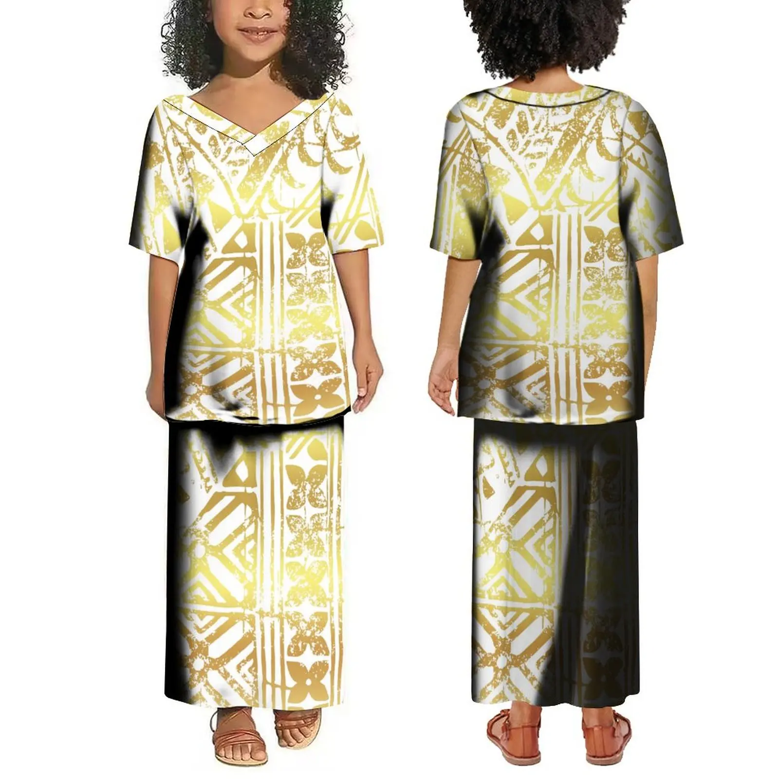 Puletasi anak perempuan Polynesian kustom Set rok musim panas lengan pendek V-Neck rok panjang atasan dan rok Puletasi putih