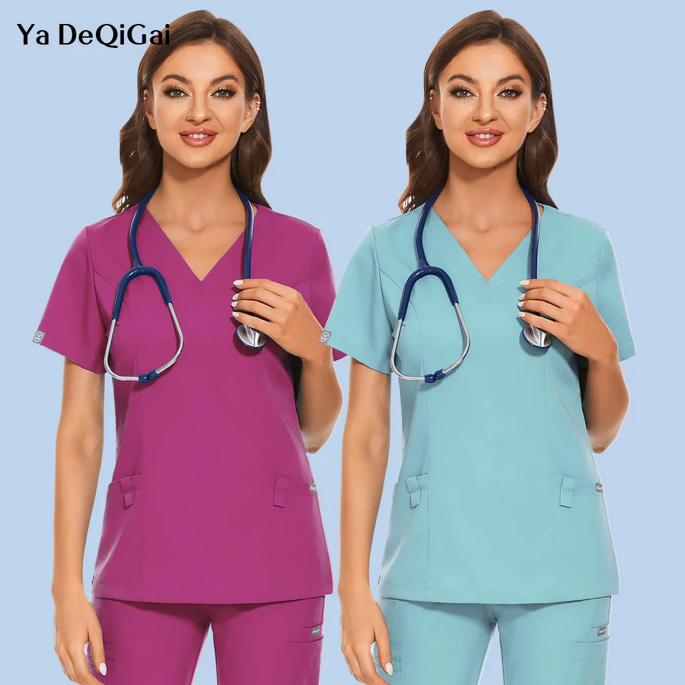 

Nurse 2 Pockets Nursing Spa Scrubs Shirts Beauty Salon Slim Working Uniform Casual Joggers Blouse