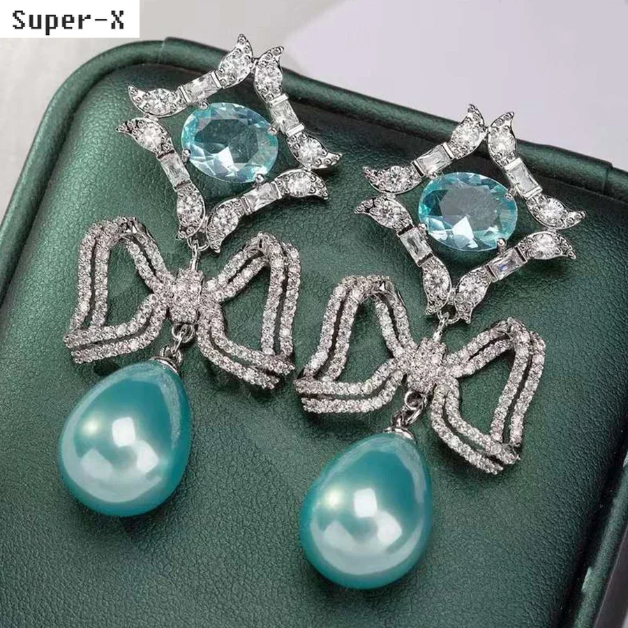 

blue white Pearl pendant Earrings for Women elegant Luxury Jewelry Zircon wedding bridal party long Earrings Bowknot