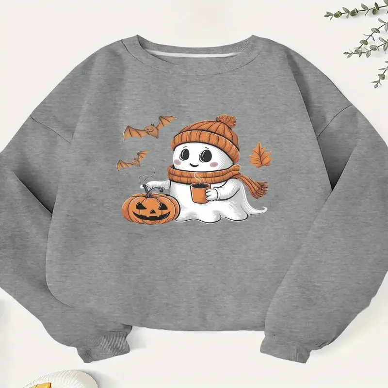 

Ghost With Coffee Cup Women Plus Size Sweatshirt Y2k Style Long Sleeve Cotton O Neck Graphic Tees Harajuku Street Wear