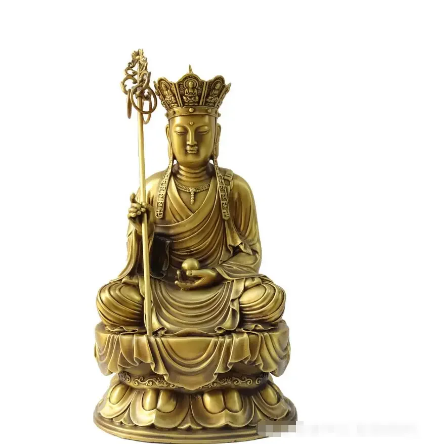 Pure brass Ksitigarbha Bodhisattva bronze seated statue, handicrafts, offerings, ornaments