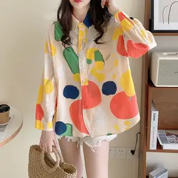 2023 New Spring and Summer Commuter Simple Korean Edition Lapel Panel Pocket Arc Bottom Colored Graffiti Print Long Sleeve Shirt