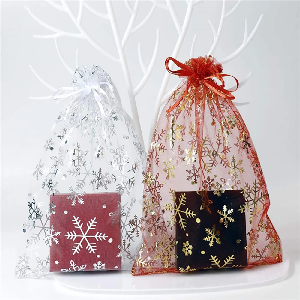 25/50/100pcs Hot Printing Organza Gift Bag For Jewelry Snowflake Drawstring Pouches For Wedding Christmas Party Candy Packing