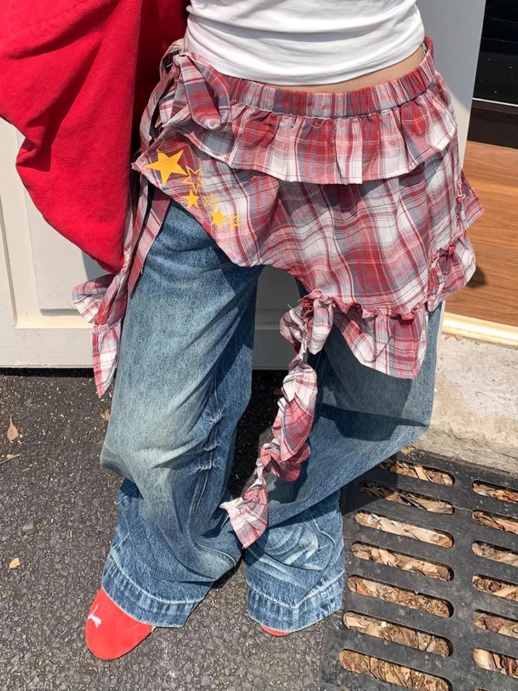 ReddaChic Punk Plaid Ster Vrouwen Coverups voor Jeans Verpakt Tiered Ruffle Mini Rok Zomer Festival Concert Retro Y2k Kleding