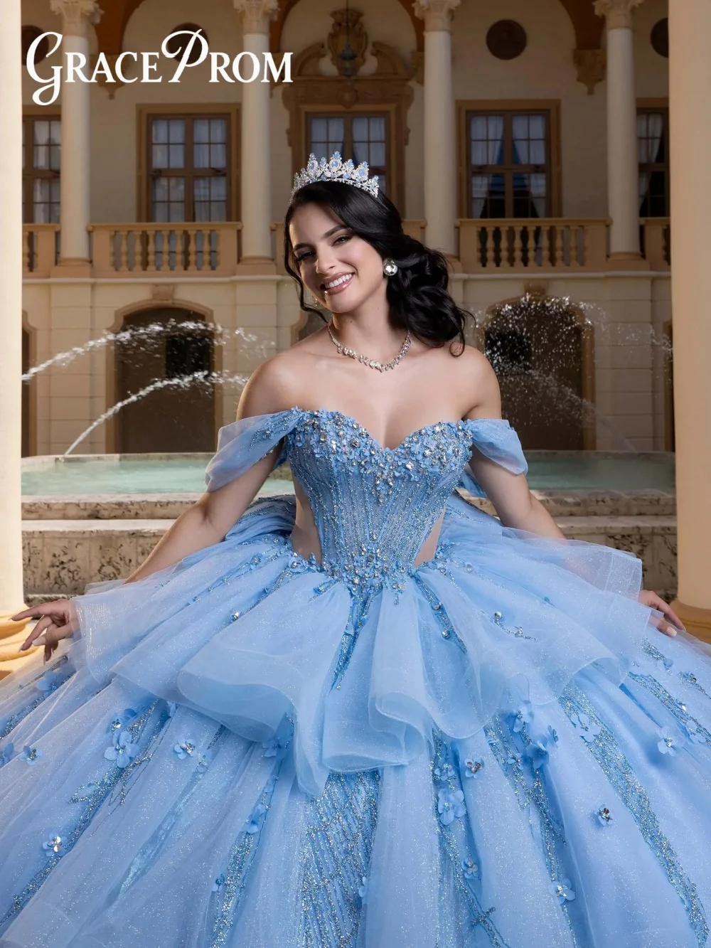 Eleganckie błękitne suknie balowe z aplikacjami, sukienki Quinceanera dla dziewcząt, z odkrytymi ramionami, z kwiatowymi aplikacjami 3D, gorsetowe, sznurowane Vestidos De Quince