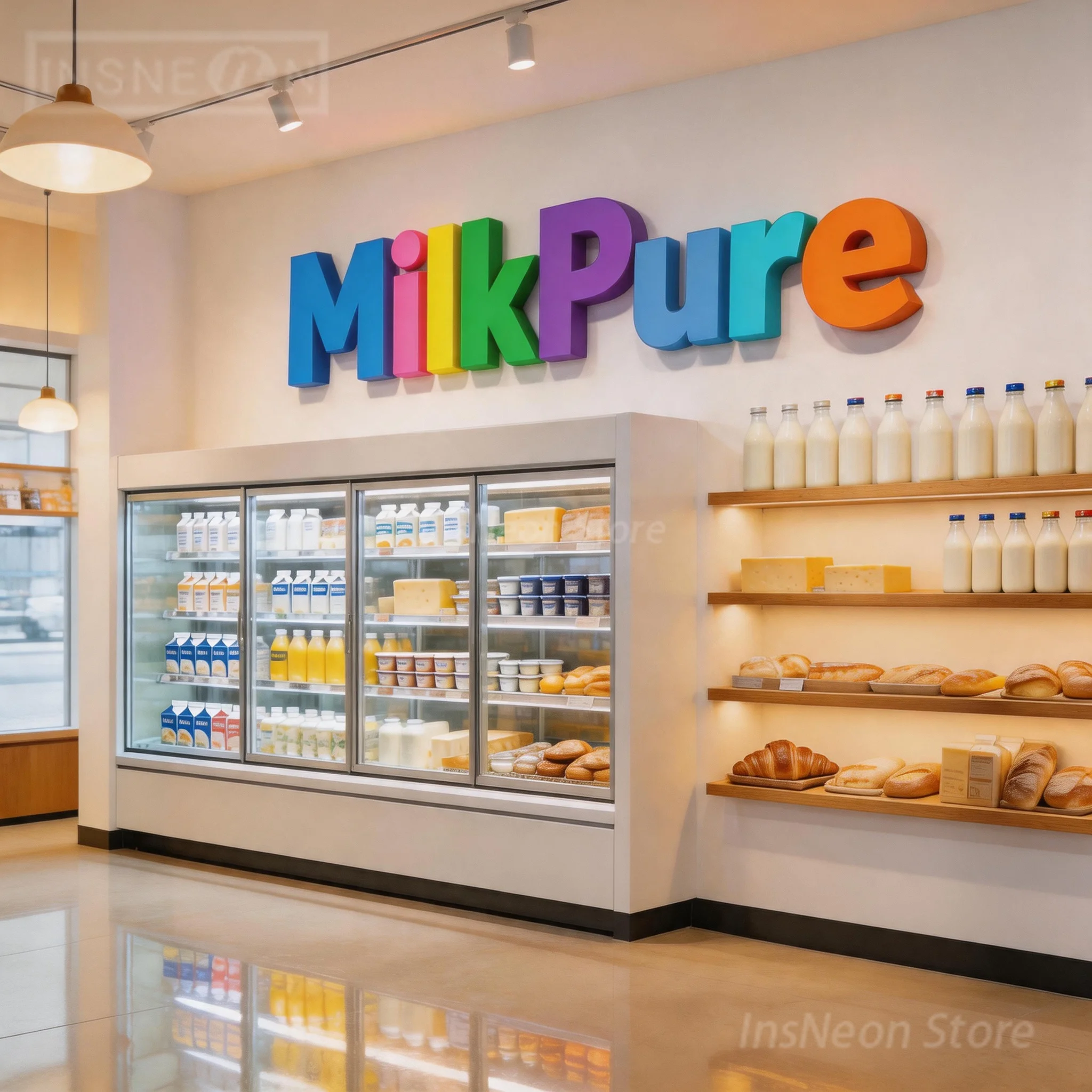 Custom Multi-color RGB Neon Sign Letters, 3D LED Neon Illuminated Logo, Outdoor Storefront Wall Sign for Milk Drink Retail Shop