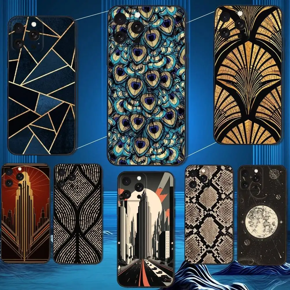 

Art Deco Phone Case For iPhone 16,15,14,13,12,11 Plus,Pro Max,XS,X,XR,SE,Mini,8,7,Soft Silicone Black Cover