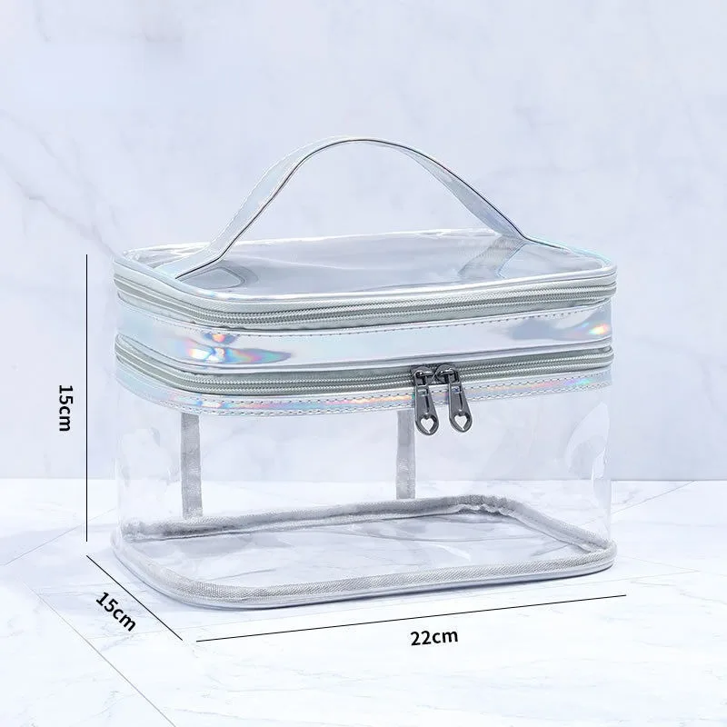 Double layer transparent makeup bag for women, PVC large capacity travel girl portable waterproof washing and care storage bag