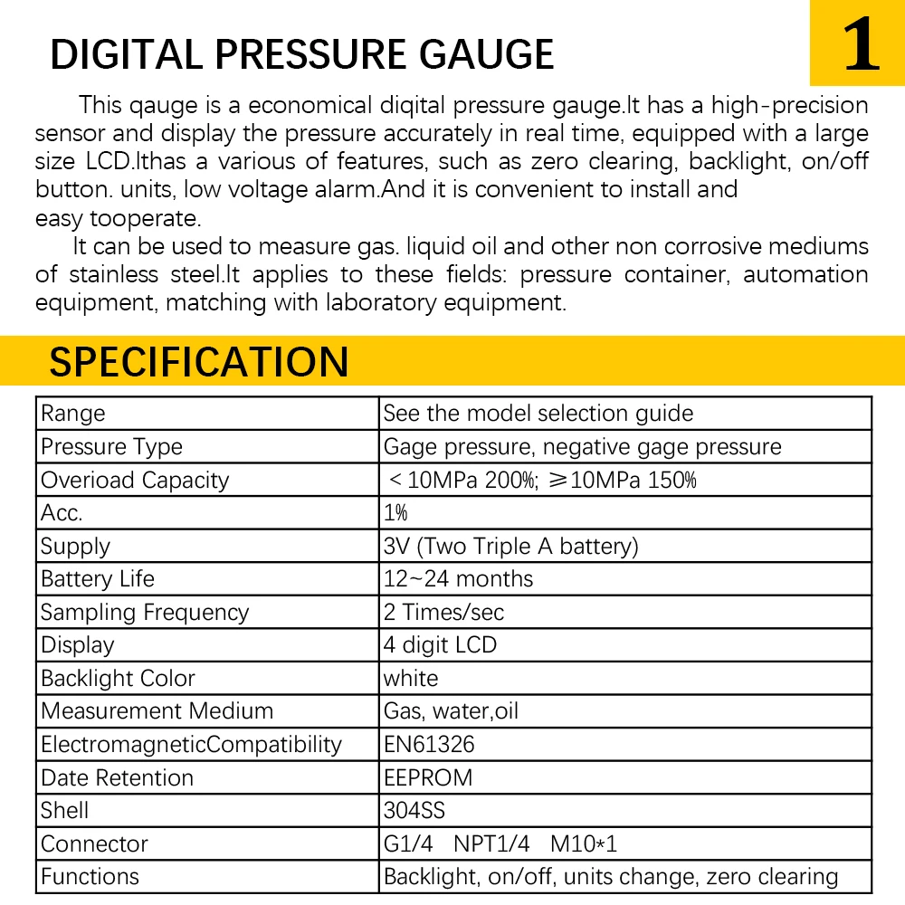 Pressure Gauges Digital Display Oil Pressure Hydraulic Pressure Meter 250BAR/25Mpa NPT1/4 Screw Thread Gas Liquid Fuel Manometer