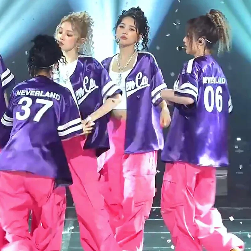 Female Singer Group Kpop Stage Outfit Women Jazz Dance Costumes Purple Shirt Hiphop Pants Adults Stage Performance Wear DWY9543