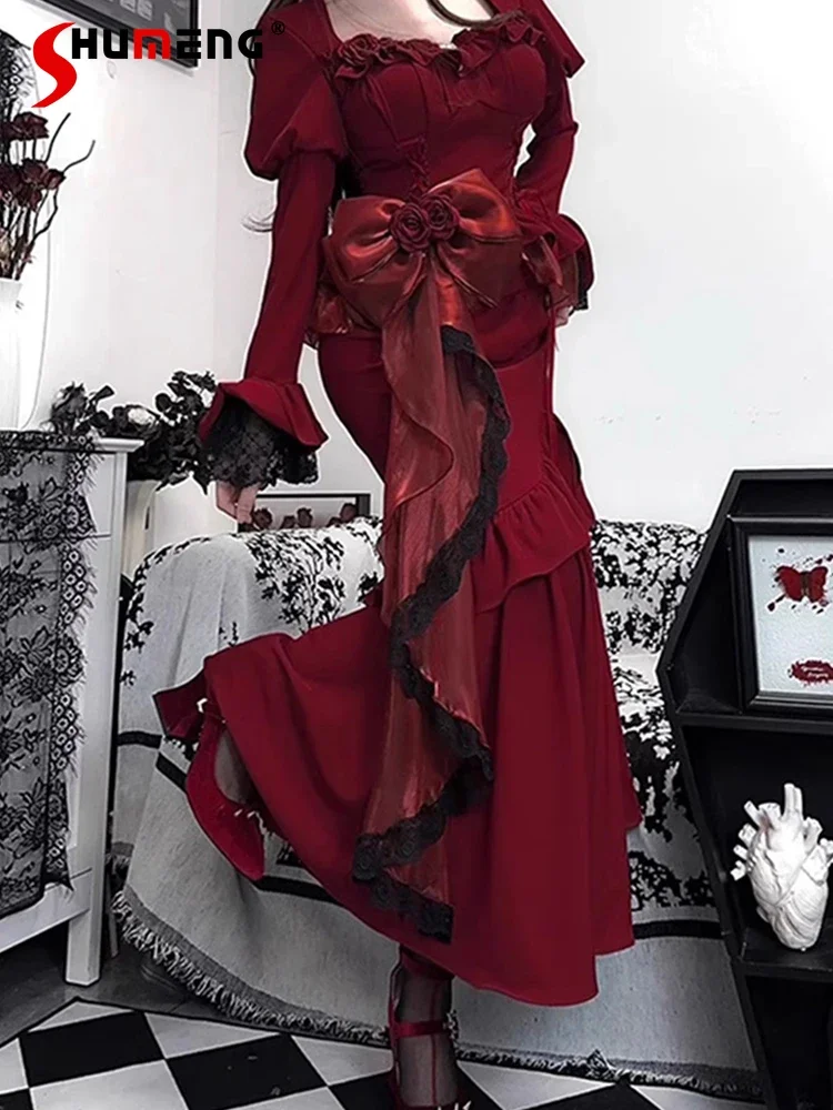 

New Year Red Lolita Fishtail Dress Women's Elegant Slim Sexy Party Dress Women's Gothic Long Sleeve Long Dress Spring Summer