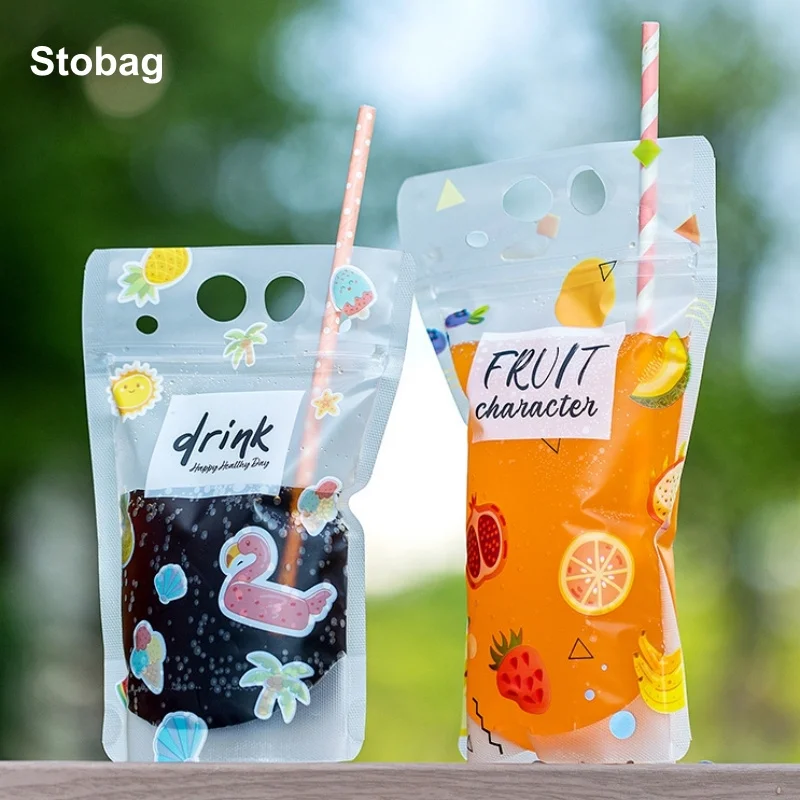 

StoBag 50pcs Frosted Liquid Packaging with Straw Drinking Bag Transparent Plastic Juice Beverage Sealed Clear Stand Up Storage