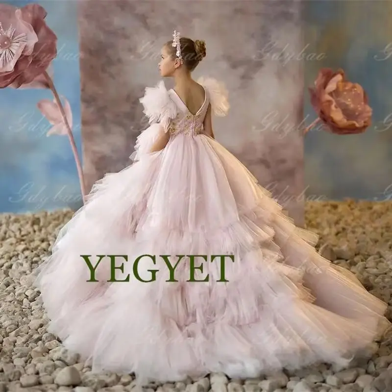 

CustomizedLight Pink Flower Girl Dress Tulle Puffy For Wedding Applique Sleeveless Princess Kids Birthday Party First Communion