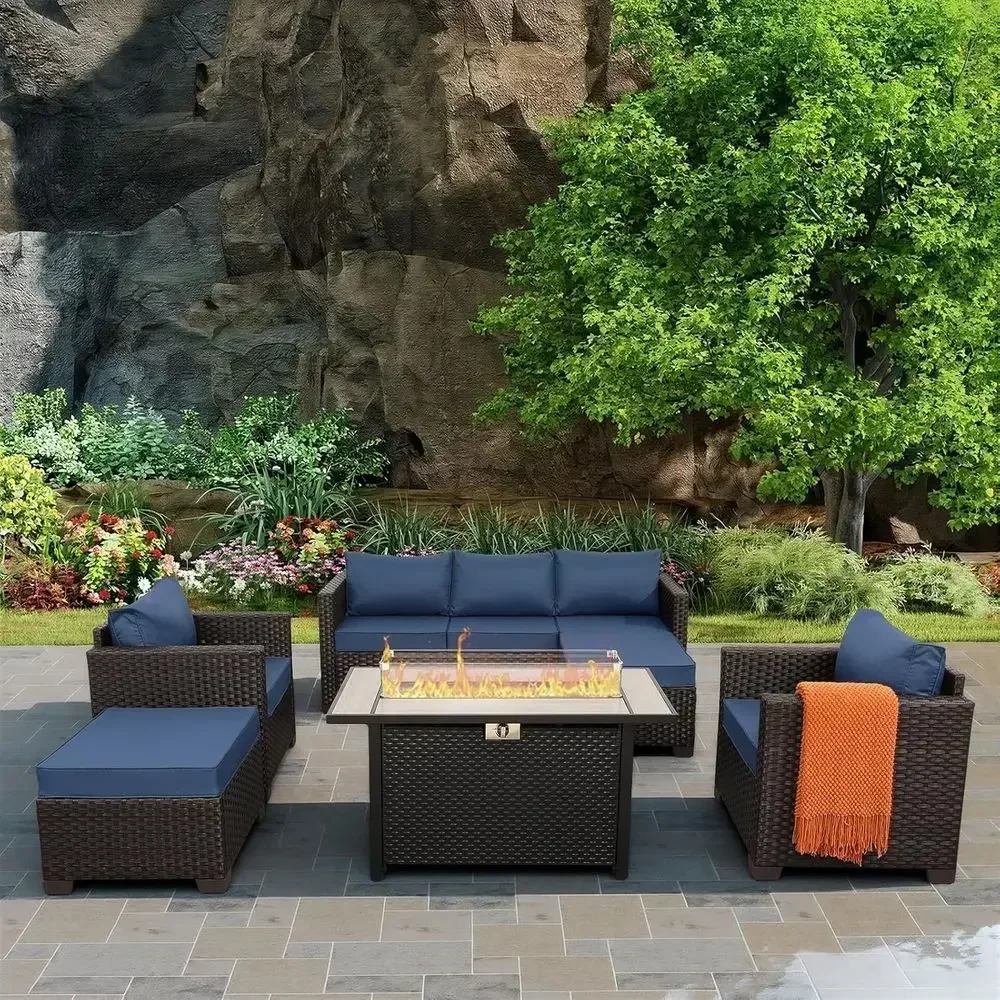 6-Piece Outdoor Patio Furniture Set with 45 Propane Fire Pit, Navy Blue Wicker Sofa, Non-Slip Cushions, Waterproof Covers
