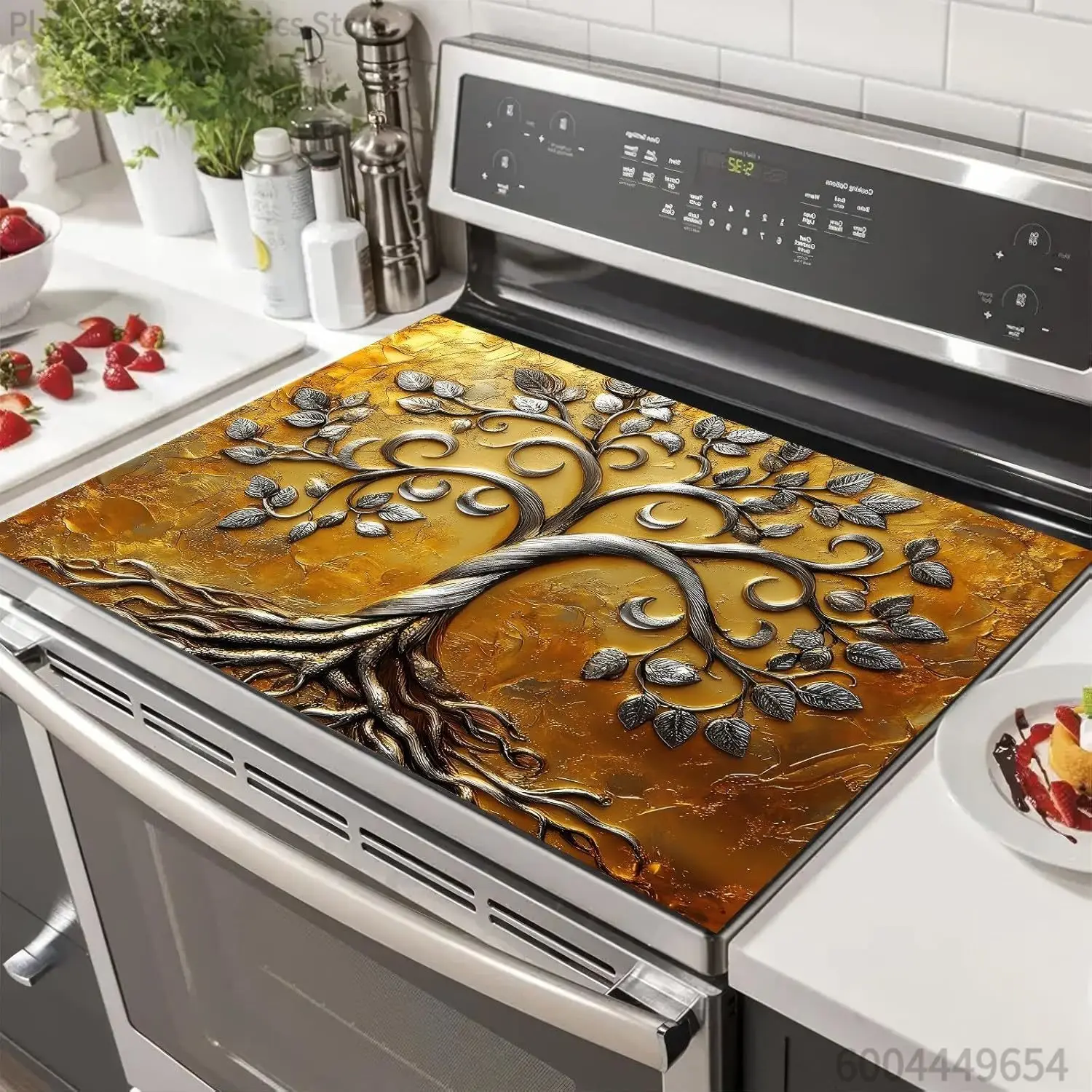 Silver Tree of Life Diatomite Stove Top Cover Heat Resistant Non Slip Mat for Electric Cooktop Coffee Maker Sink Decor Pad