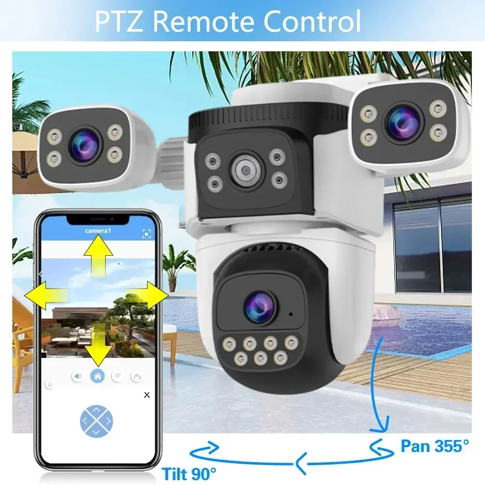WiFi Camera Three Lens Screen Security Video Cam PTZ Two-Way Audio Auto Track CCTV Surveillance IP Camera Outdoor Baby Monitor