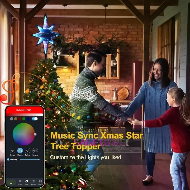 5V RGB Color Christmas Tree Decor Light Smart App Remote USB Music Sync Voice DIY Abyssal Mirror Xmas Topper Holiday Party Decor