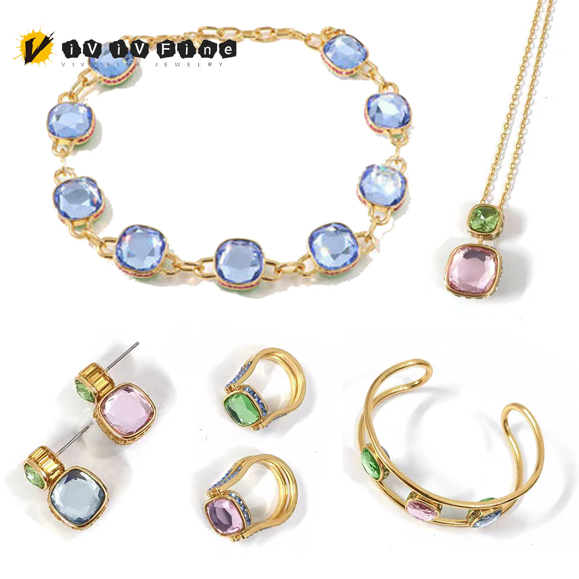 

Luxury Brand Double Sided Wearable Bracelet Fashion Square Cut Crystal Earrings for Women Fine Jewelry Set Party Accessories
