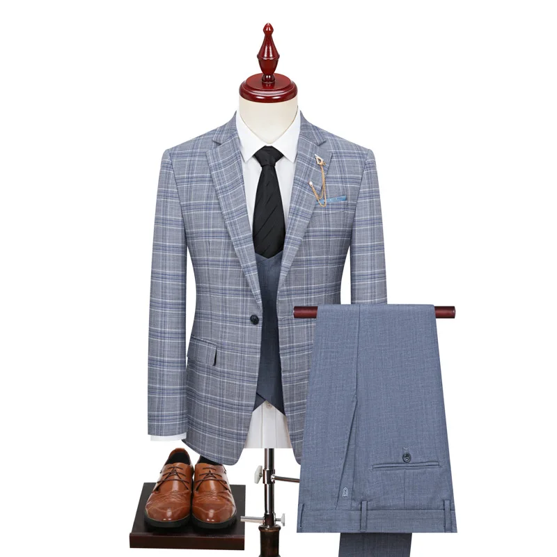 British Style Men Plaid Vest Blazer Pants 3 Pieces Set / Male Fashion High End Slim Wedding Banquet Business Suit Jacket Coat