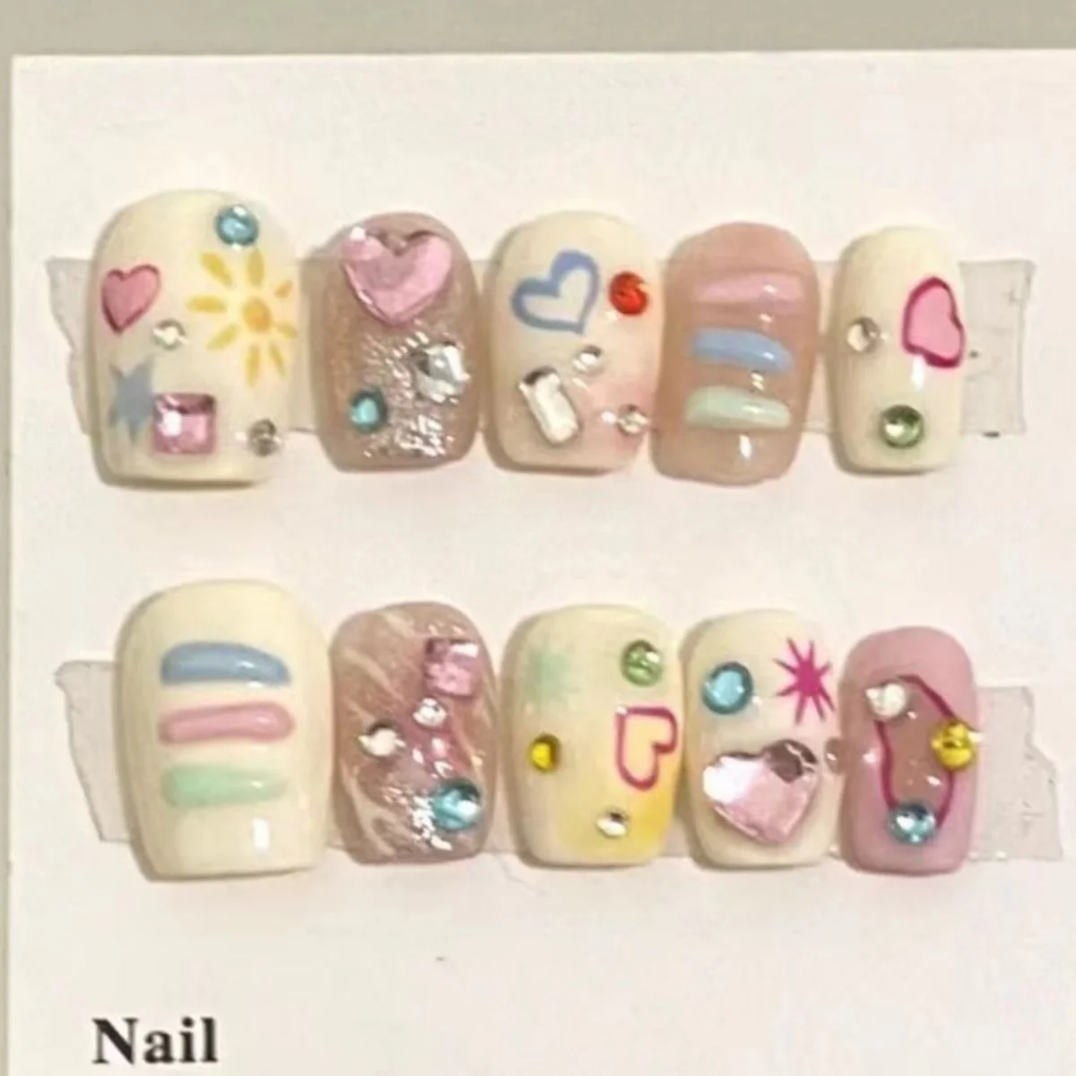 

10pcs Love Diamonds Handmade Manicure Retro Cute Y2k Press on Fake Nails Gyaru Hand-painted Nail Art Short Artificial False Nail