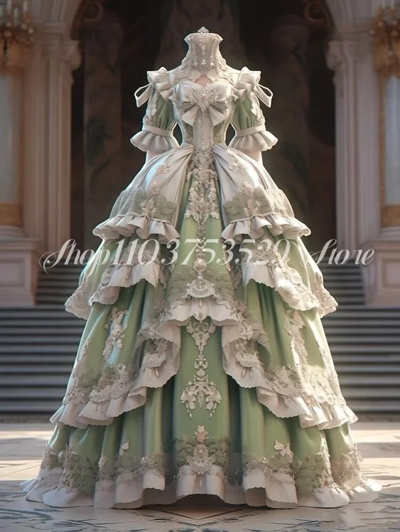 

Fantasy Turtleneck Victoria Prom Dress Emerald Green Beaded Applique Satin Lace Ruffle Ruffle Long Cosplay فستان سهره Customised