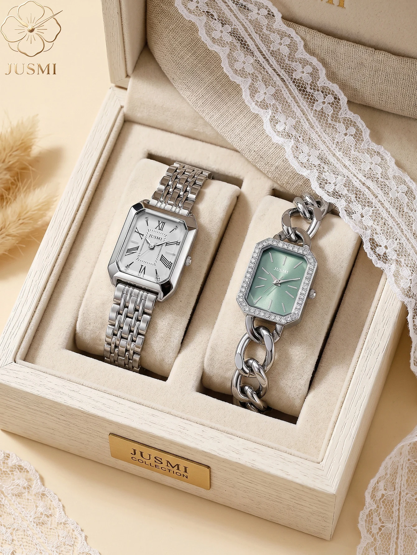 

1pcs/set JUSMI Women's Square Quartz Watch, Luxury Stainless Steel Bracelet Wristwatch For Ladies