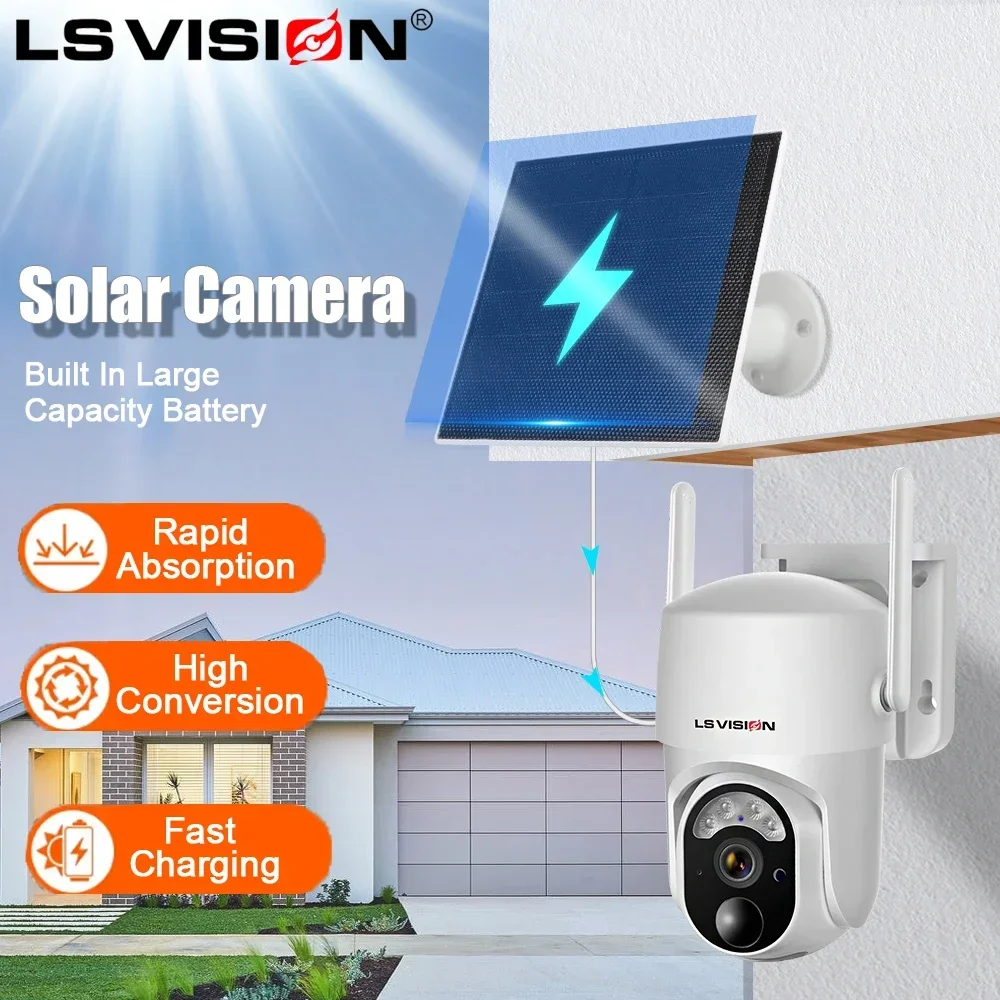 LS VISION 4MP Solar Wireless Security Camera Outdoor Solar Monitor Camera Night Vision Color Camera PIR Detection Wi-Fi/4G Cam