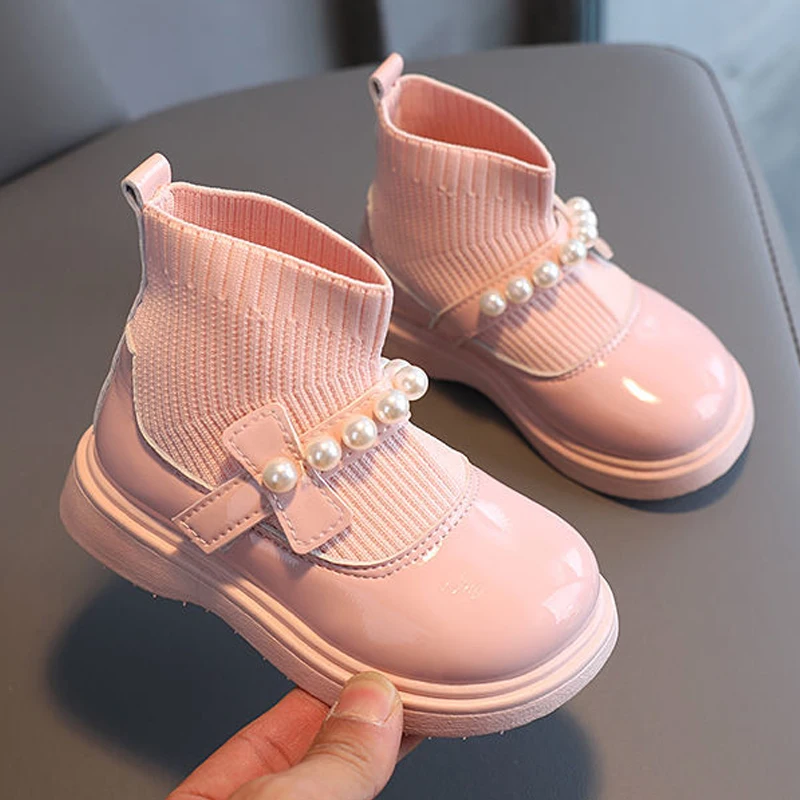 Fashion Pearl Knit Splicing Girls Ankle Boots Soft Bottom Kids Casual Shoes Princess Slip-on Children Boots Baby Sports Sneakers