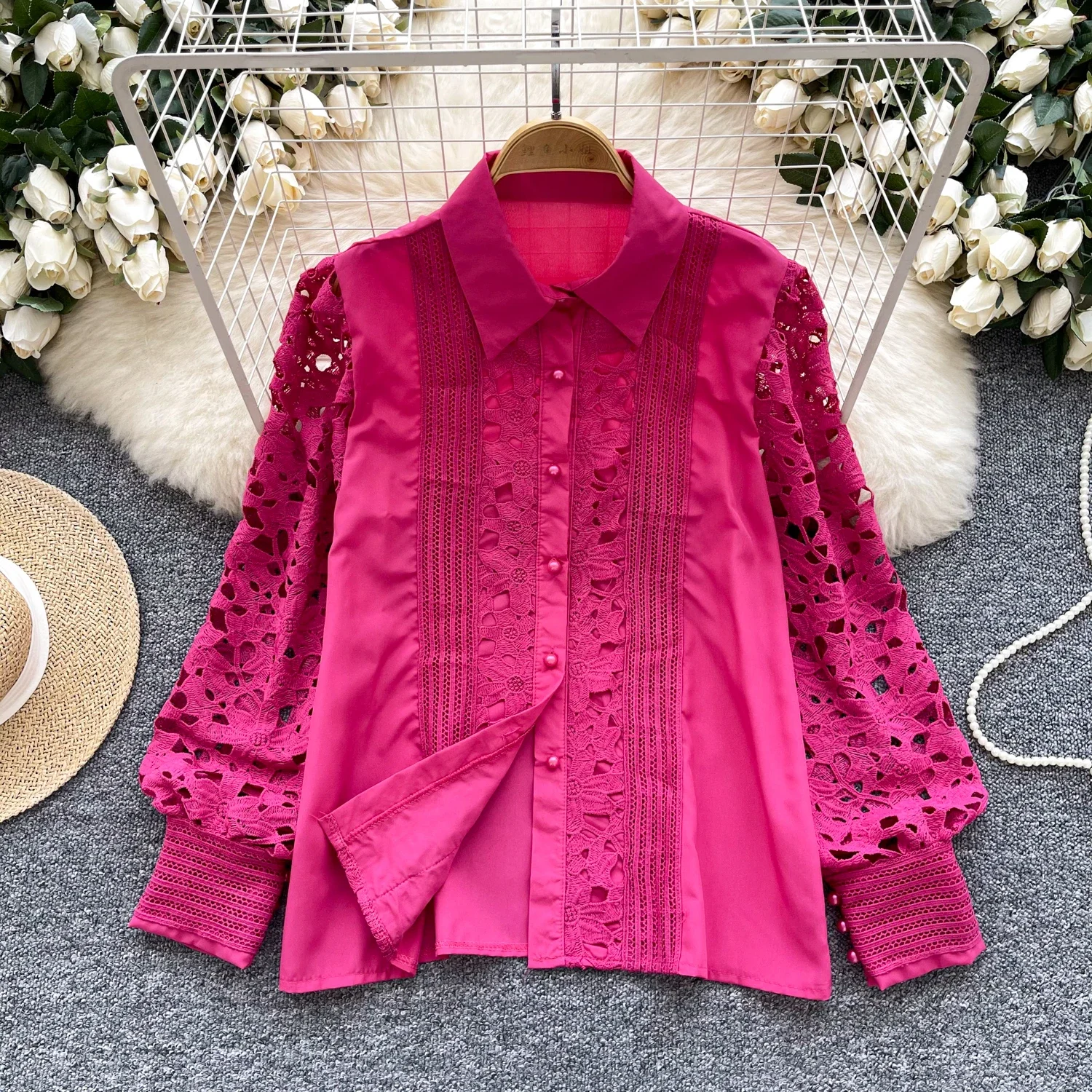 Vintage Elegant Embroidery Hollow Out Long Sleeve Blouse Fashion Lapel Shirt  Casual Chic Top Fairy  Autumn Women