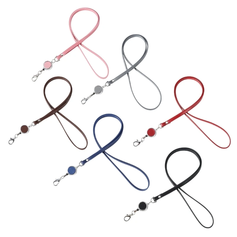 Retractable Leather Neck Strap, 52CM Pull Cord with Round Mechanism and Metal Hook for Office, Commute and Daily Use F19E