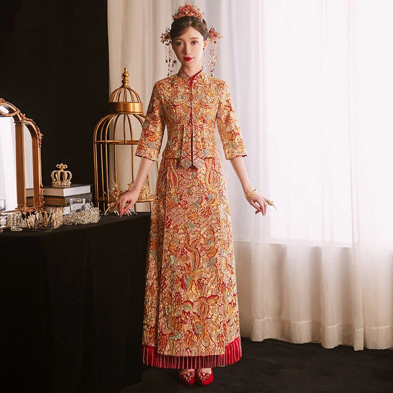 Yourqipao الصينية Xiuhe الملابس 2023 جديد التنين والعنقاء فساتين الزفاف التقليدية القديمة شيونغسام زي العرائس مجموعات