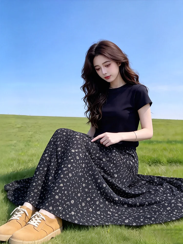Floral Print A-Line Midi Skirt Women's Summer New Style Slimming Elegant Youthful Half-length Skirt Casual High Waist Design