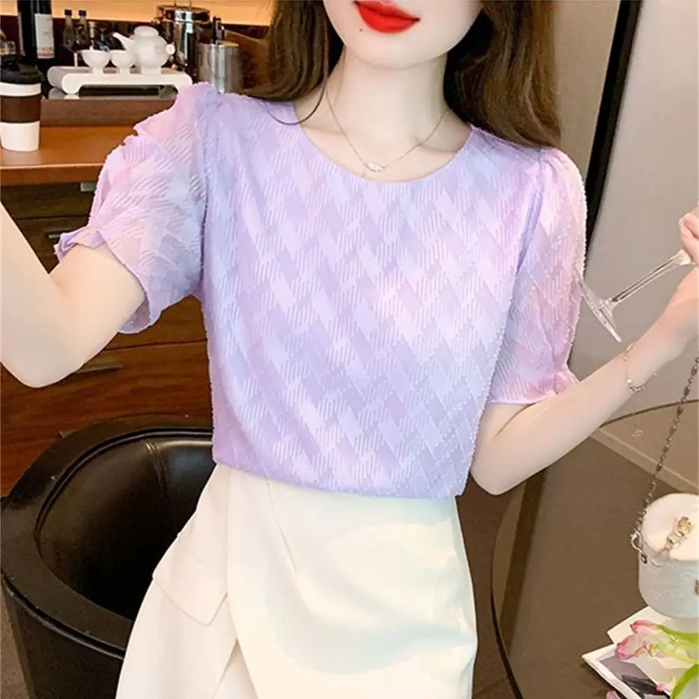 

Woman Spring Summer Style Blouses Shirts Lady Casual Short Puff Sleeve O-Neck Blusas Tops G2741