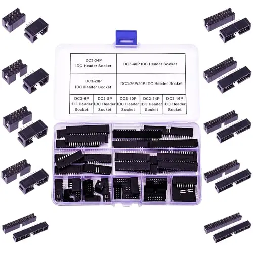 

2.54mm IDC Box Header Kit, Dual Row Straight Box Header Connector 6/8/10/14/16/20/26/30/34/40 Pin Straight Pin Adapter Set