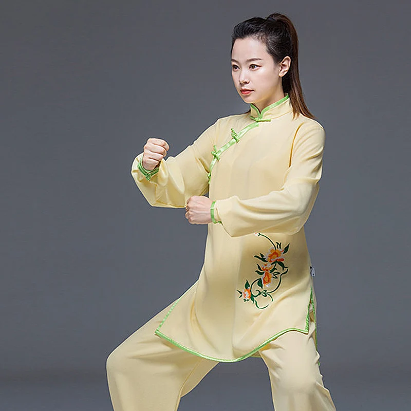 New Vintage Embroidered Tai Chi Suit Women Cross Collar Moonlight Linen High End Performance Practice Kung Fu Uniform Set