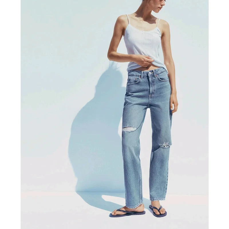 

Летние женские свободные удобные джинсовые джинсы с высокой талией, повседневные прямые брюки с металлическими пуговицами и отверстиями, длинная молния